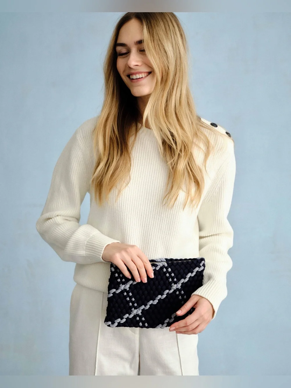 NWT Cartolina x NAGHEDI Salina Rope Pouch in Navy/Light Blue